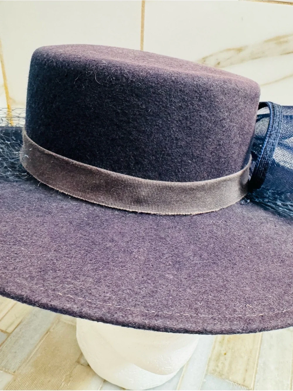 Vintage Bollman Hat Co USA Navy Doeskin Felt Wide Brim Veil Hat Sz 7 Wool